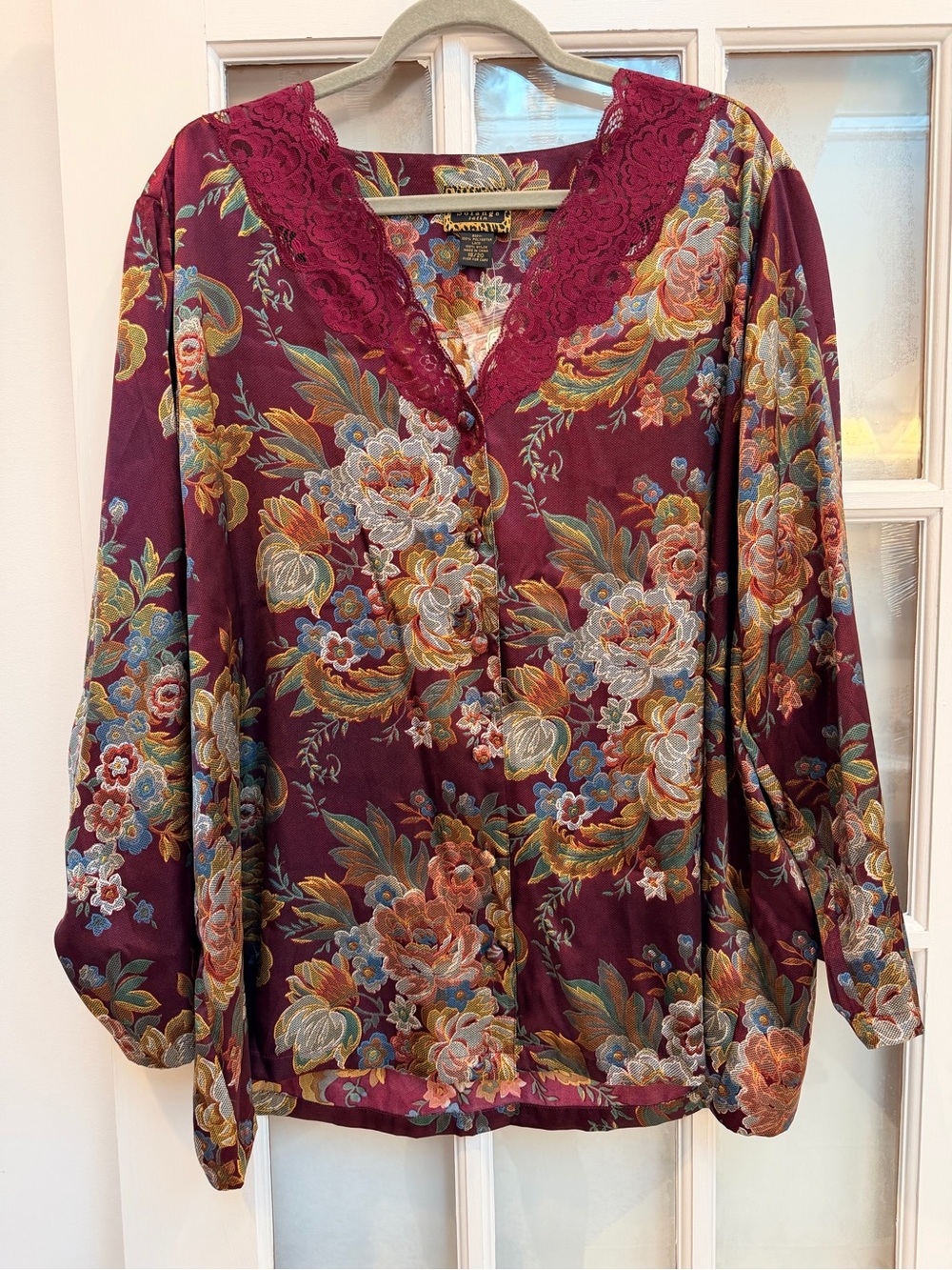 Vintage Solange 80s Satin Pajama Top Wine Floral Lace Cottagecore Size 18 20 NWT